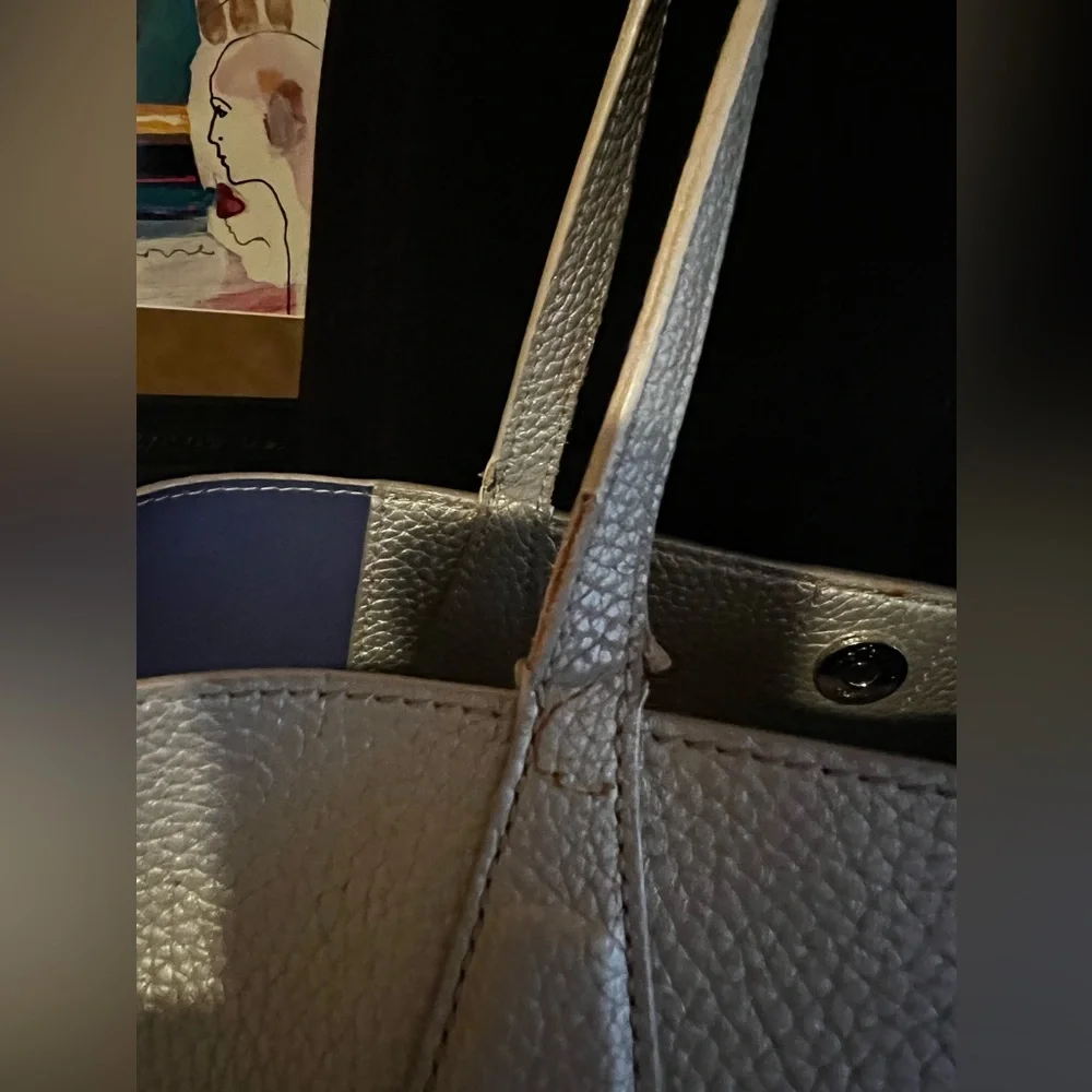 Tory Burch Perry Metallic Gray Leather Large Silver Tote Bag